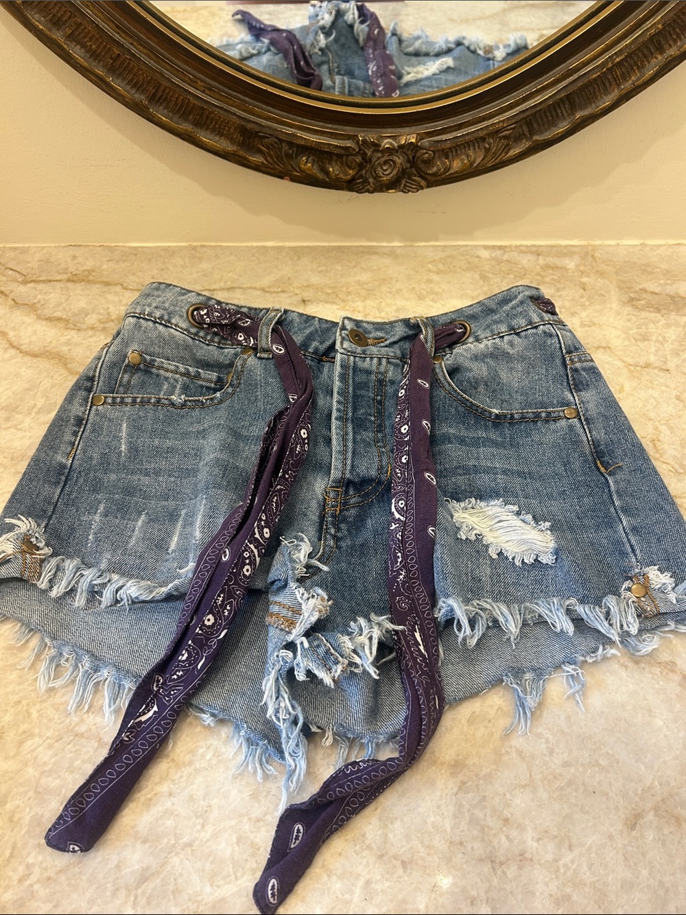 Vintage Havana Distressed Denim Shorts with Purple Bandana Tie